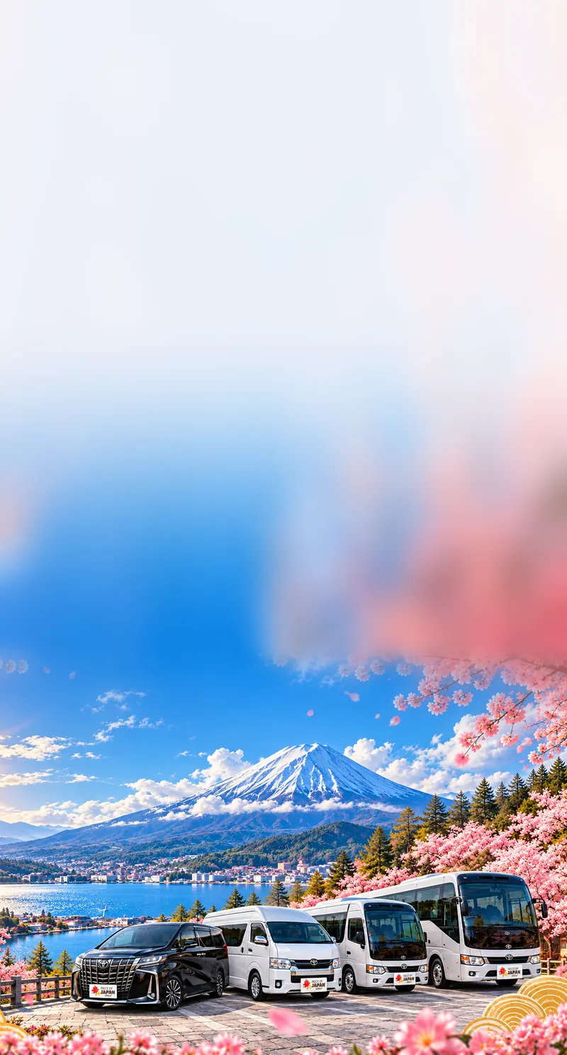 รถอัลพาร์ด รถตู้ไฮเอซ ไมโครบัส และรถบัสของ Piece of Japan Group จอดเรียงริมทะเลสาบ หน้าภูเขาหิมะและต้นซากุระ